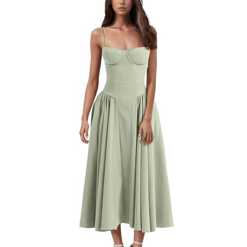 Womens Corset Dress Spaghetti Strap Bustier Midi Dress Vintage Party Dress Flowy Pleated Hem Low Cut Prom Dresses Black Dress Formal Corset | Amazon (US)