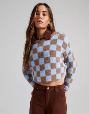 Bershka checkerboard sweater in blue and brown | ASOS (Global)