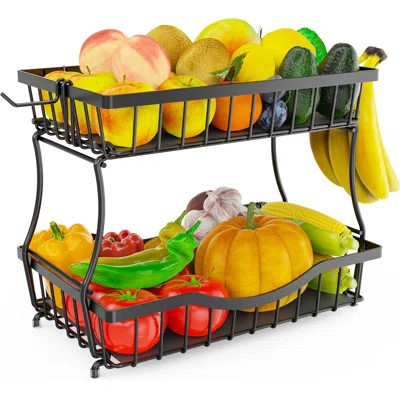 Large 2 Tier Fruit Basket For Kitchen Counter With 2 Banana Hangers, Metal Fruit Bowl With Protection Mats For Vegetable Bread Snack, Countertop Organ | Wayfair North America