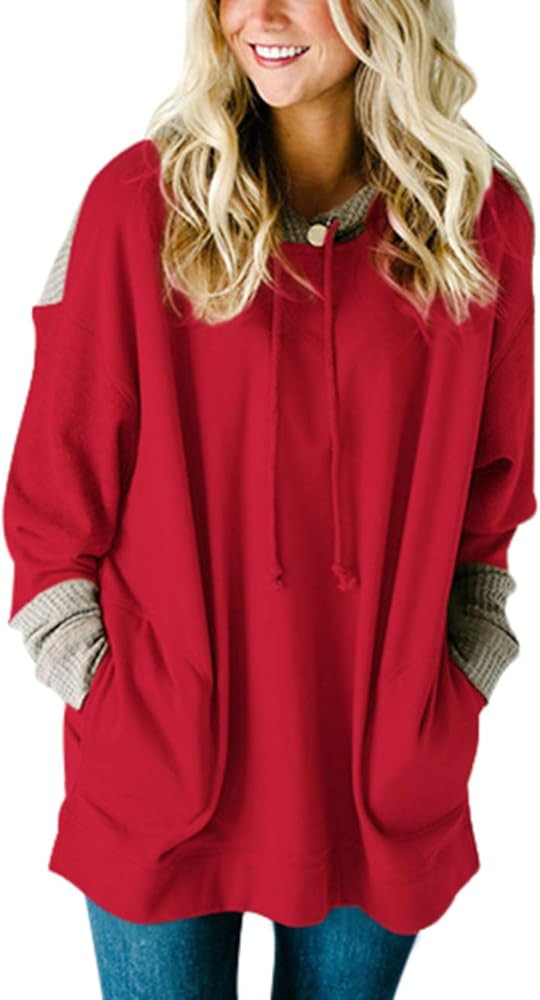 SEBOWEL Women's Waffle Knit Splice Strappy Long Sleeve Hoodies Sweatshirts with Pocket Plus Size | Amazon (US)