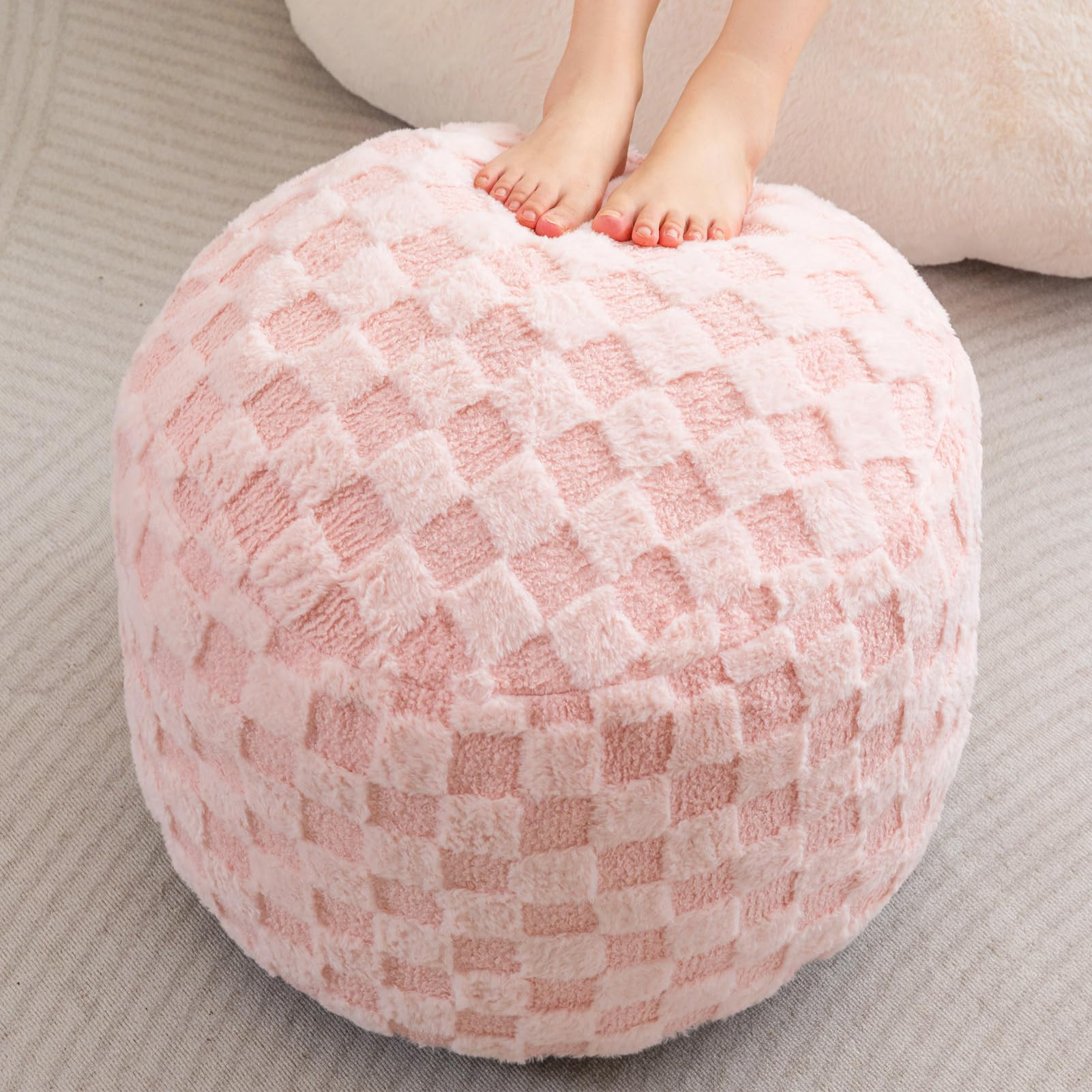 HIGOGOGO Round Stuffed Pouf Ottoman, Plaid Poufs with Foam Chunk Filling, Fluffy and Furry Pouf F... | Amazon (US)