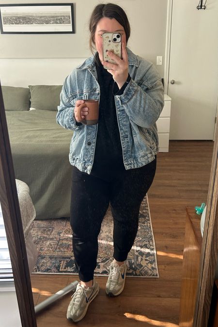 the same maternity joggers I lived in all 2nd + 3rd trimester 🫶🏻 wearing a large in the denim jacket.