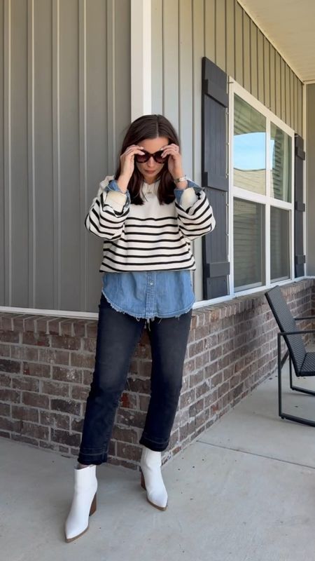 OOTD 🫶🏼 striped amazon sweater over an old chambray long sleeve. Dark denim from amazon and white booties from nordstrom. All items are linked below! #momstyle #momfashion #newmom #firsttimemom #amazonfashion 

#LTKfindsunder50 #LTKsalealert #LTKfindsunder100