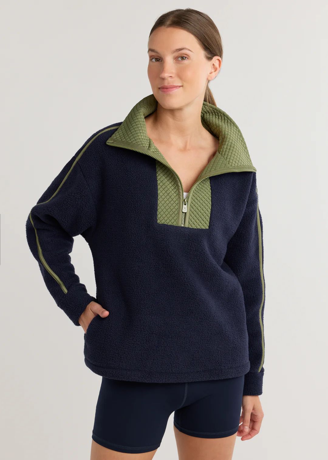 Emerson Pullover in Sherpa Fleece (Navy/Army Green) | Dudley Stephens