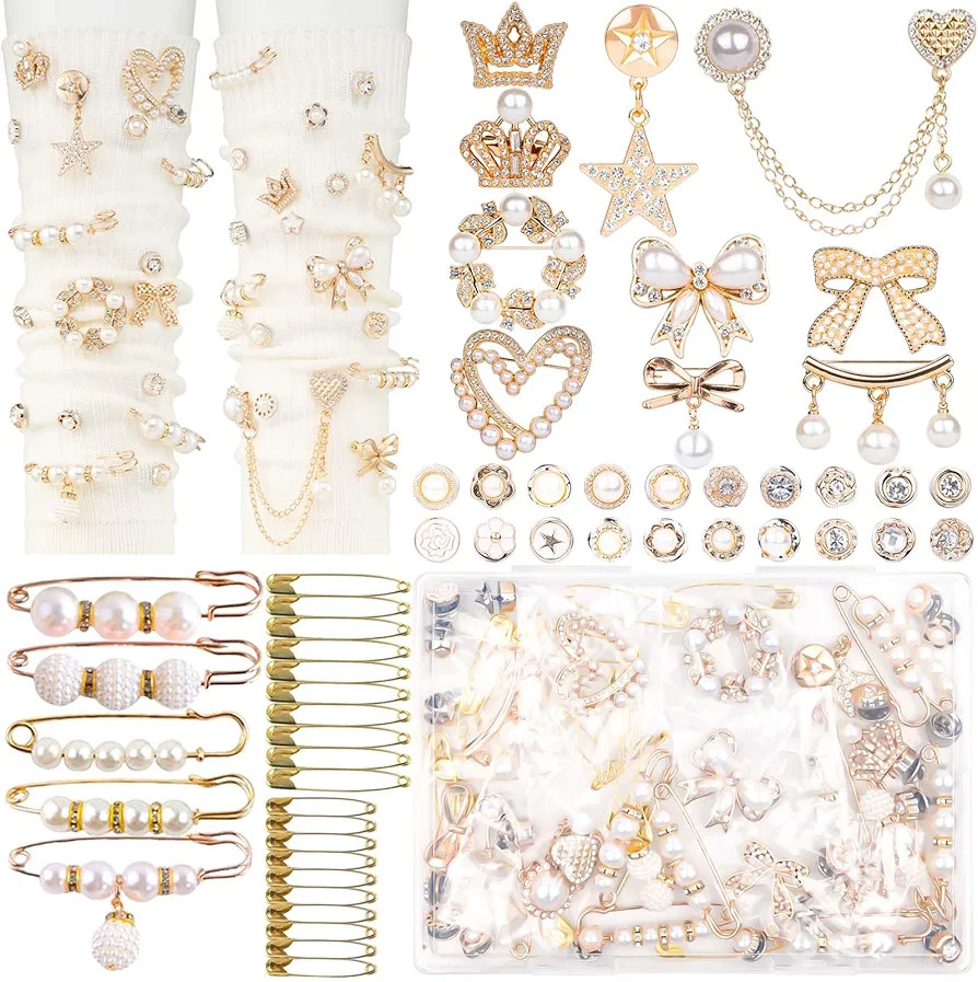DoDoBeads 60 Pcs Junk Socks Charms Kit, Gold Brooches and Pins for Women, Pearl and Rhinestone So... | Amazon (US)