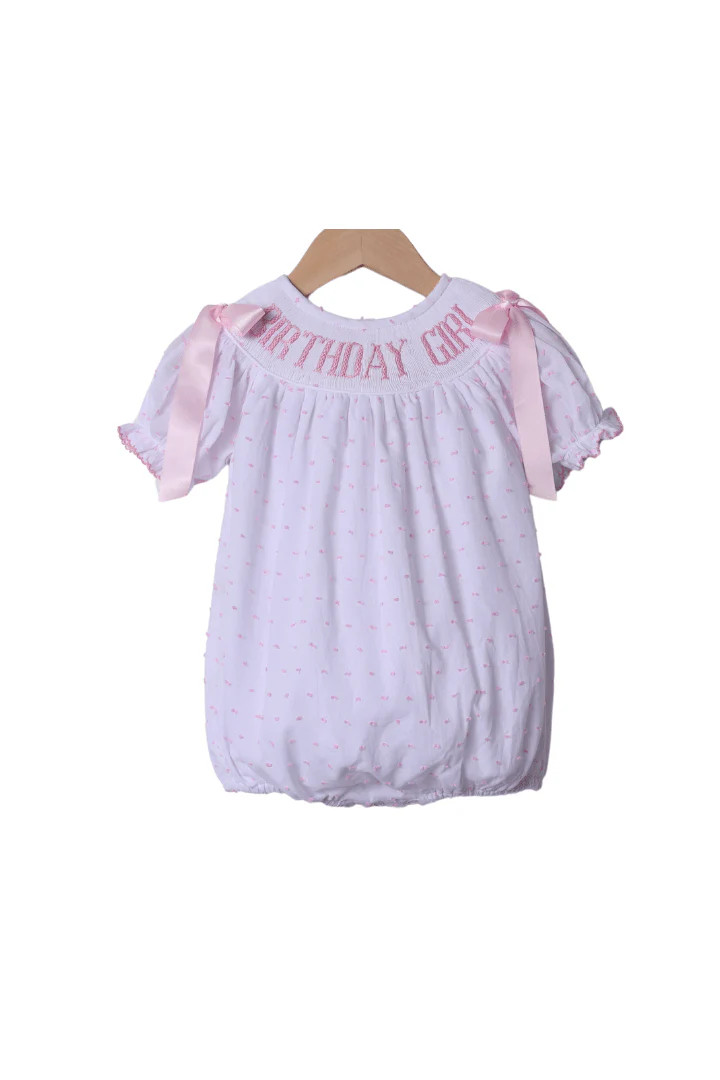 Smocked Birthday Girl Pink Swiss Dot Bubble | The Smocked Flamingo