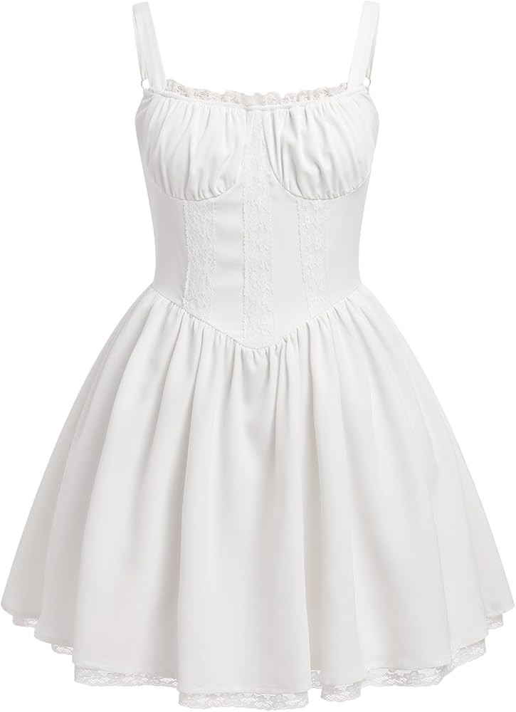 ABAFIP Women's Corset Mini Dress Spaghetti Straps Backless Lace up Low Cut Ruffle Short Dress Sun... | Amazon (US)