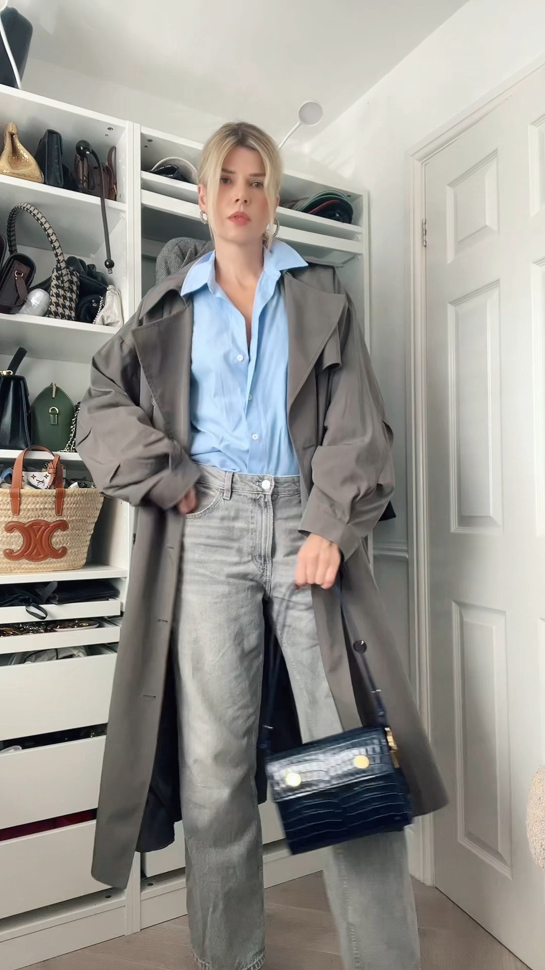 Autumn outfit, blue shirt, croc bag, grey jeans, Frankie shop trench, alaia shoes 

#LTKautumn #LTKstyletip #LTKuk