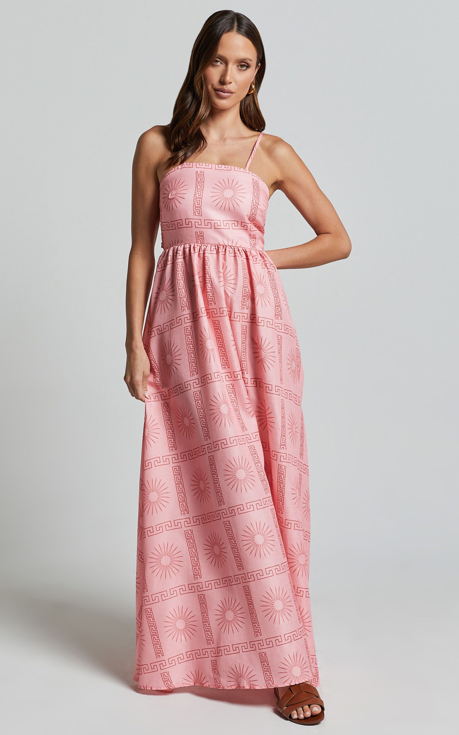 Alexis Midi Dress - Strappy Straight Neck A Line Dress in Pink Print | Showpo (US, UK & Europe)