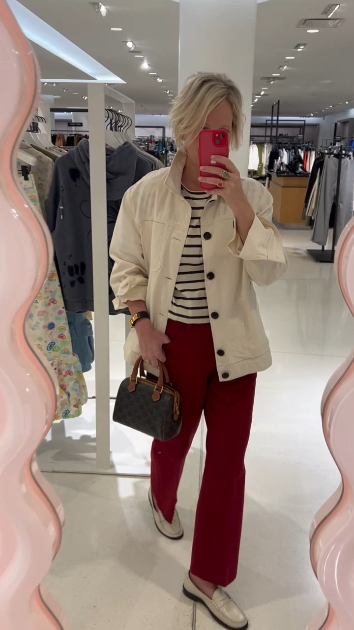 Red pants and a White jacket ❤️  I’m wearing the Kevin pants in 28 and my husband’s jacket and shirt :) I linked similar 

#LTKover40 #LTKVideo #LTKstyletip