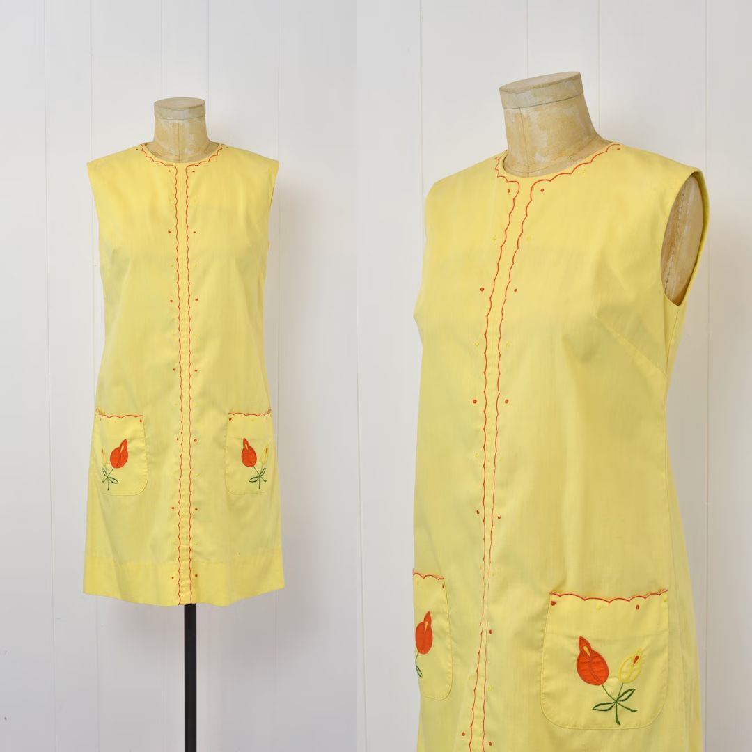 1960s Yellow Tulip Floral Orange Scalloped Lady Madeira Shift Dress - Etsy | Etsy (US)