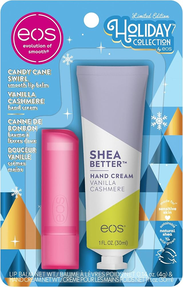 eos Holiday Skin Care Set- Vanilla Cashmere Travel Hand Cream & Candy Cane Swirl Lip Balm, Stocki... | Amazon (US)