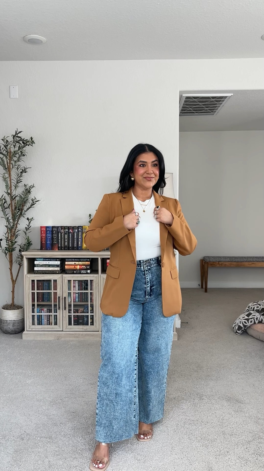 Business casual Amazon outfit. I’m 5’1”, size 12, around 165 lbs. Wearing a 12 in the jeans, large in the bodysuit, large in the blazer. Everything is true to size! Black lounge pants are also amazon and run small, size up! I’m in the XL. 

#LTKPetite #LTKWorkwear #LTKFindsUnder50