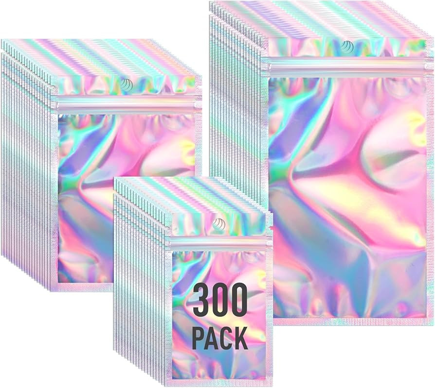 300 Pack 3 Size Holographic Bags with Clear Front Window, Packaging Bags Resealable Bags Smell Pr... | Amazon (US)