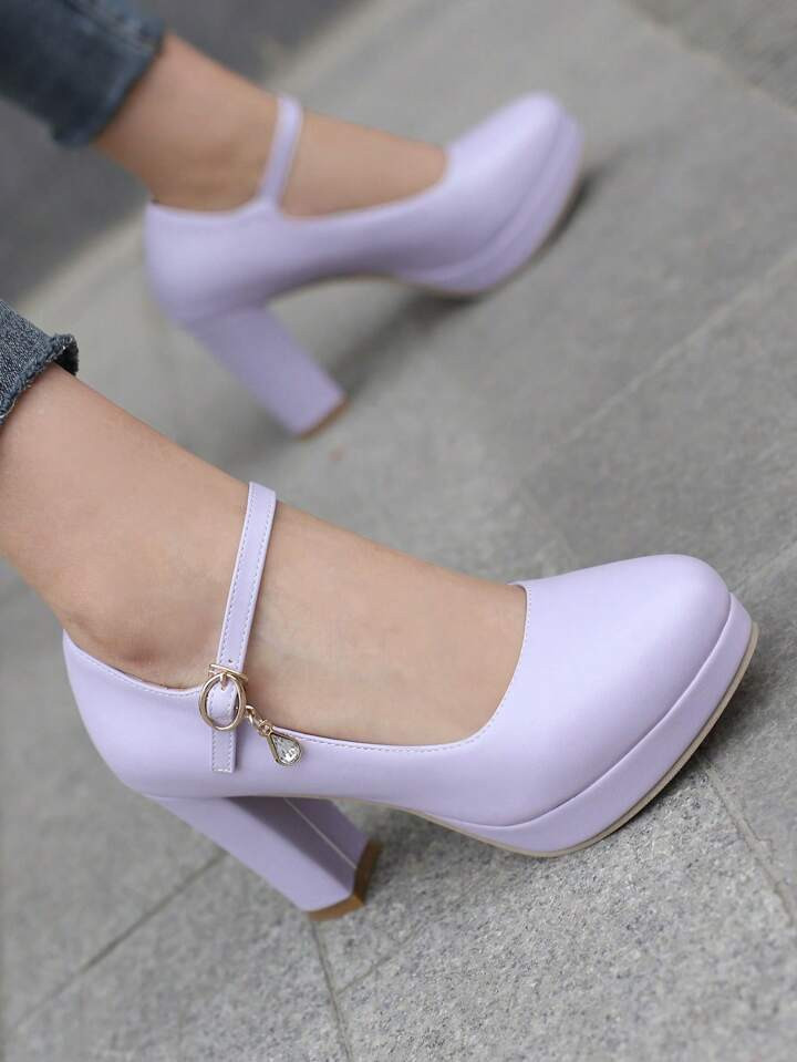 Fashion Shallow Platform Purple Pu Leather Buckled High-Heel Pumps For Women, Four Seasons | SHEIN