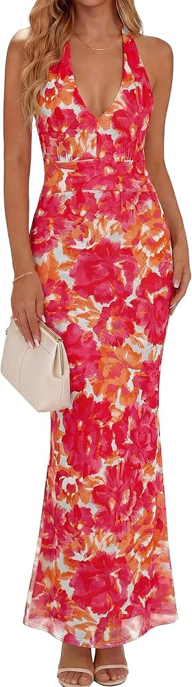 Prinbara Womens Halter Neck Bodycon Maxi Dresses Summer Floral Mesh Formal Elegant Wedding Guest ... | Amazon (US)
