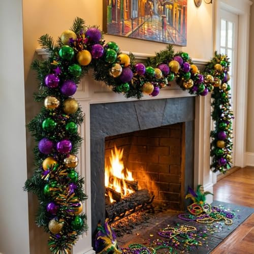 Riceshoot 9 FT Mardi Gras Ball Garland Decorations Purple Green Gold Mardi Gras Ball Wreath Door Decor Party Glittering Hanging Decor for Staircase Railing Outdoor Indoor Carnival Party | Amazon (US)