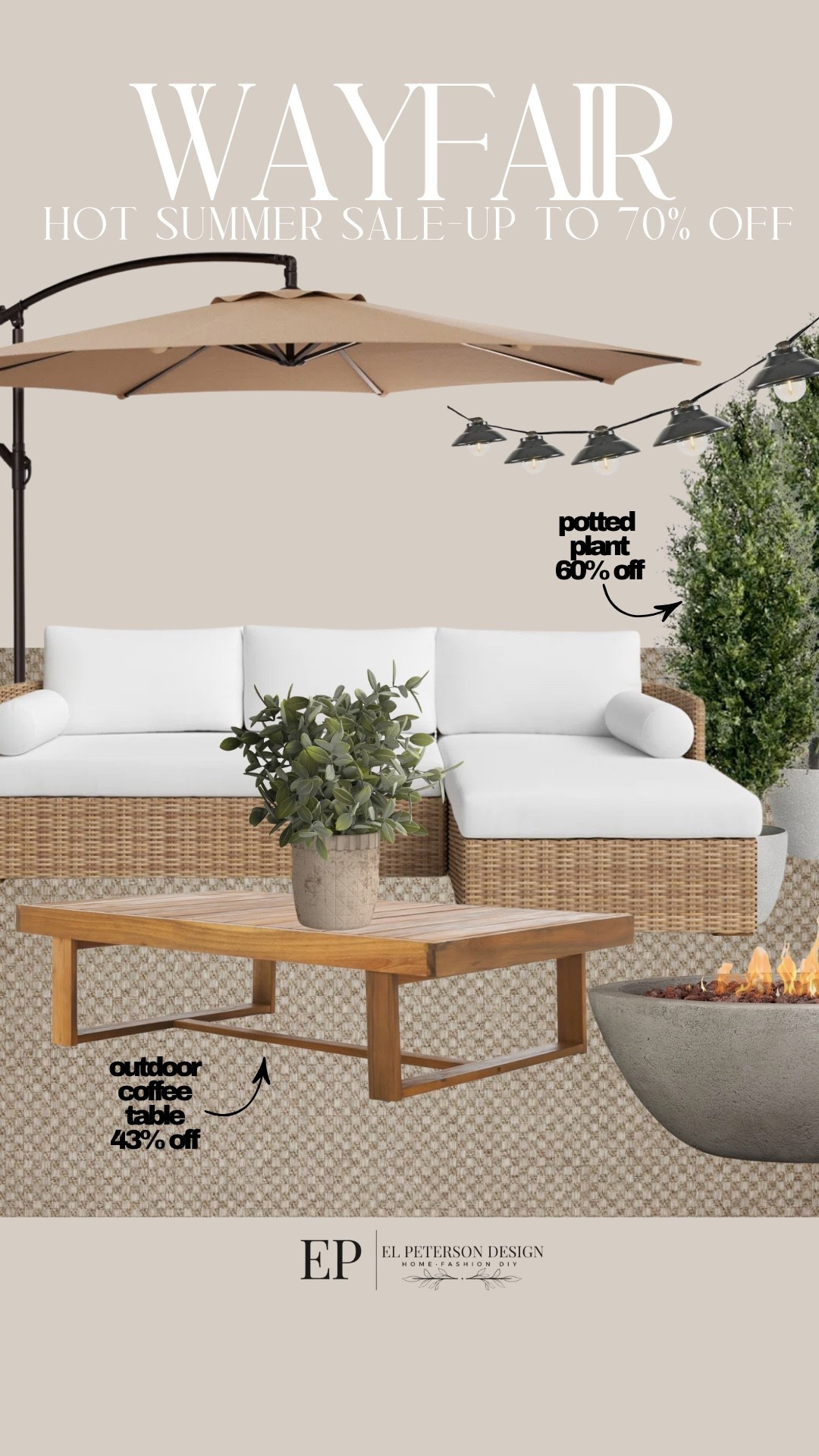 Wayfair
Hot summer sale- up to 70% off
Umbrella
Rug
Coffee Table
Sectional
Potted plants
Fire pit
Outdoor string lights

#LTKHome #LTKSaleAlert