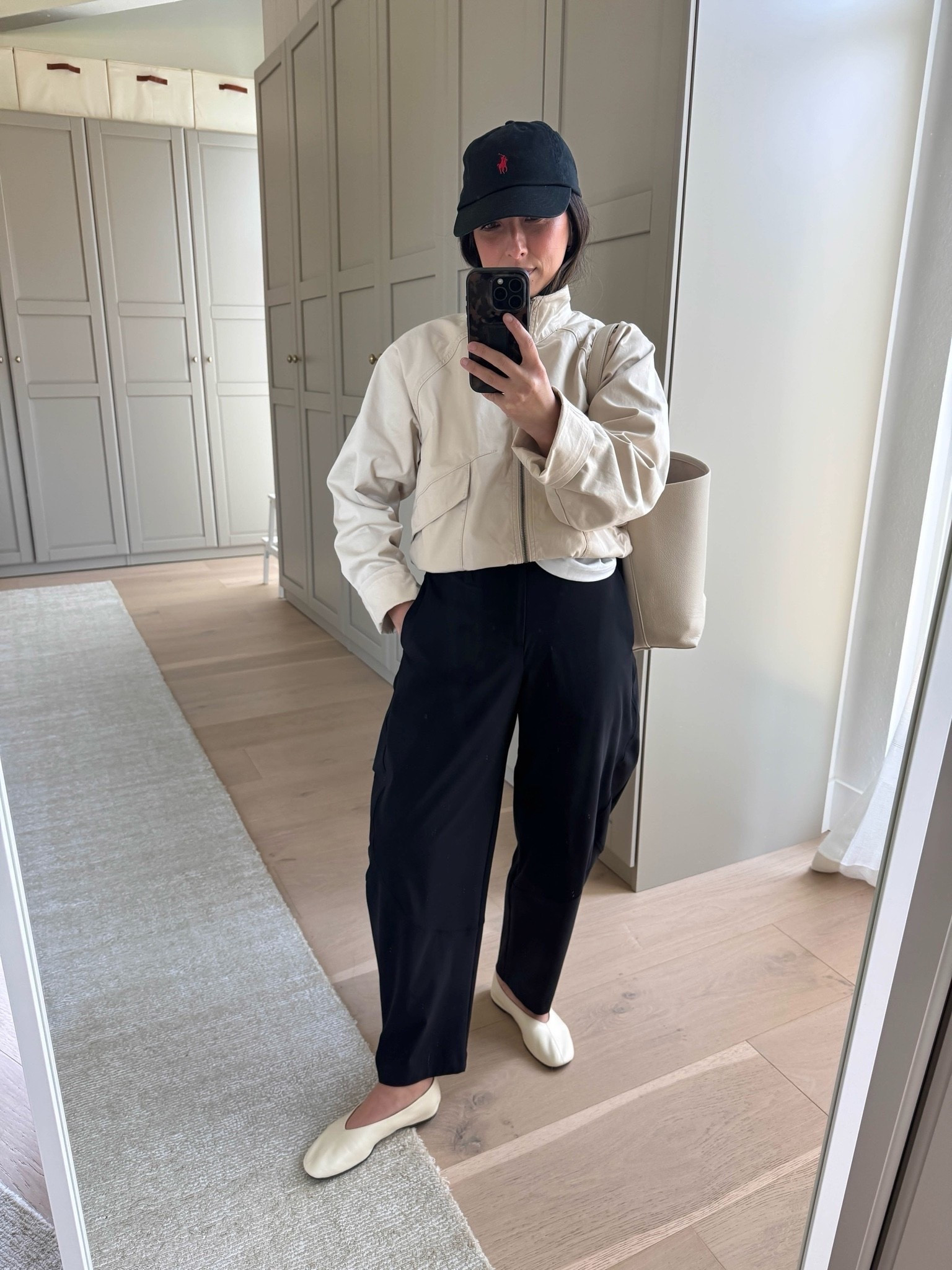 One of my favorite mom uniforms! Obsessed with this jacket and pants - just so effortless, elevated, and comfortable.

Joe’s jacket small - could also wear the xs 
Jcrew tee medium 
Ruti pants 4 petite 
Reformation flats 5 
Quince bag small 
Polo hat 
Dorsey James necklace 15” 
Electric picks earring

#LTKmomlife #LTKPetite #LTKootd