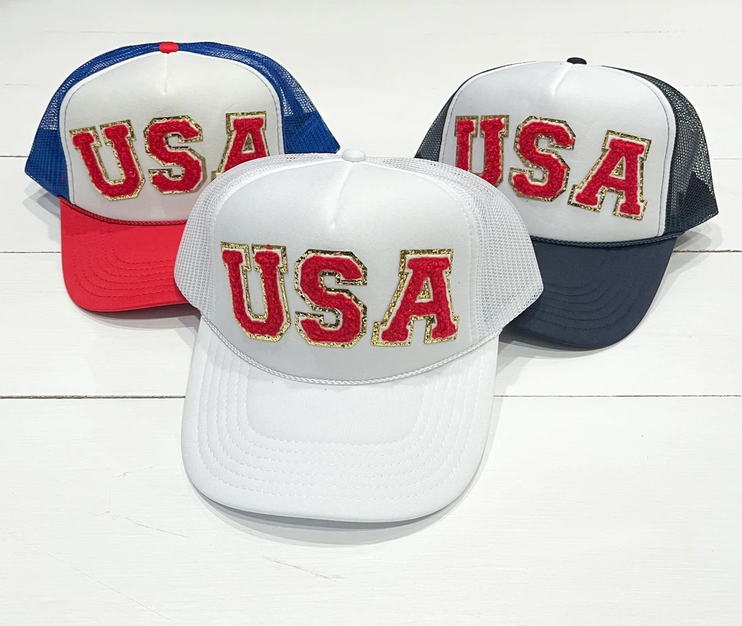 Adult USA Red + Gold Glitter Letter Patch Foam Trucker Hats | mesh back | adjustable | red white ... | Etsy (US)
