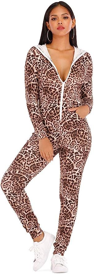 CoolooC Womens Onesies Jumpsuits Zip-up Union Hoodie Long Sleeve One Piece Pajamas Sleepwear Sexy... | Amazon (US)
