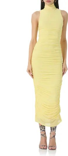 AFRM Fiorella Ruched Turtleneck Mesh Dress | Pale Yellow Gown Yellow Maxi Dress Yellow Dress Maxi | Nordstrom
