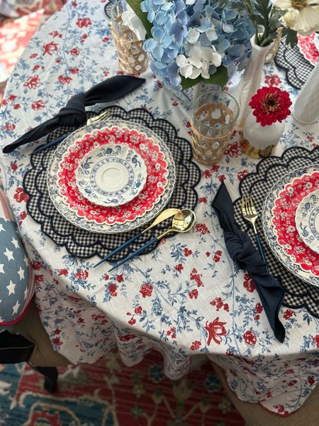 Fourth of July tablescape, red white and blue table setting, scallop placemats, gingham placemats, blue floral plates, Americana decor, patriotic decor, cottage kitchen 

#LTKsalealert #LTKSeasonal #LTKhome