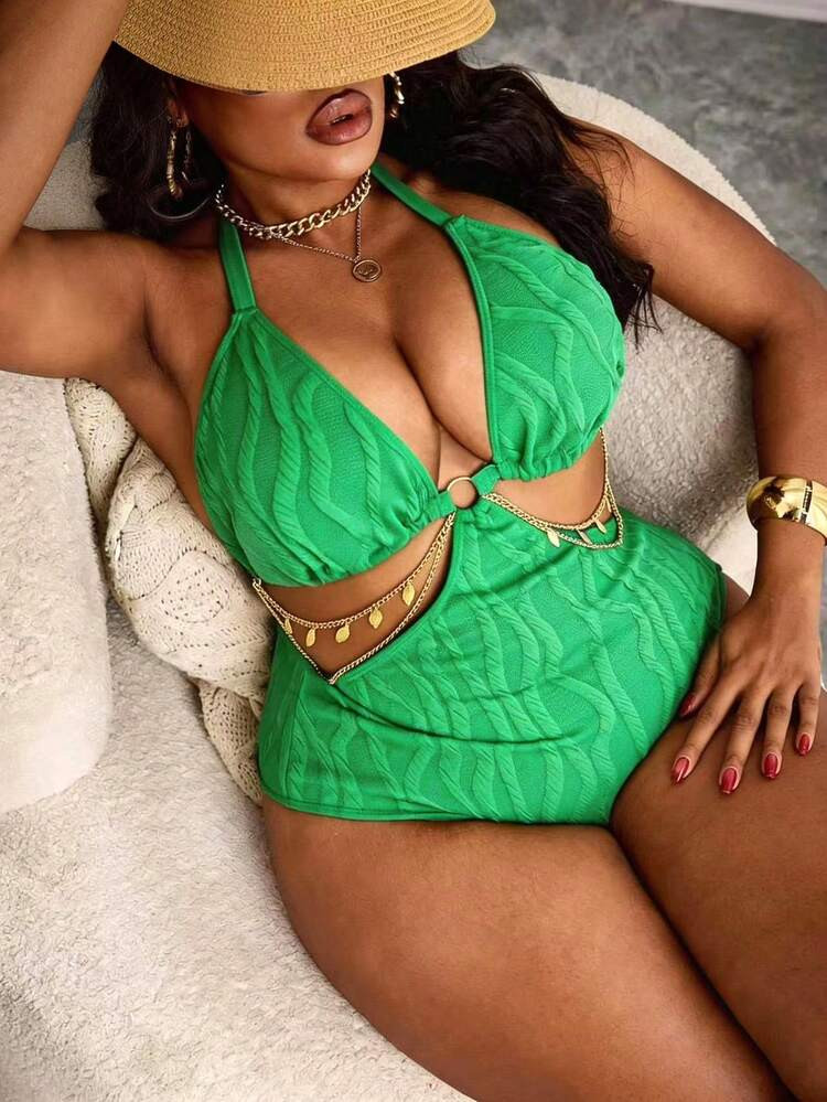 Slaydiva Plus Size Women's One-Piece Swimsuit With Gold Chain Decor, Fashionable & Elegant Brown ... | SHEIN