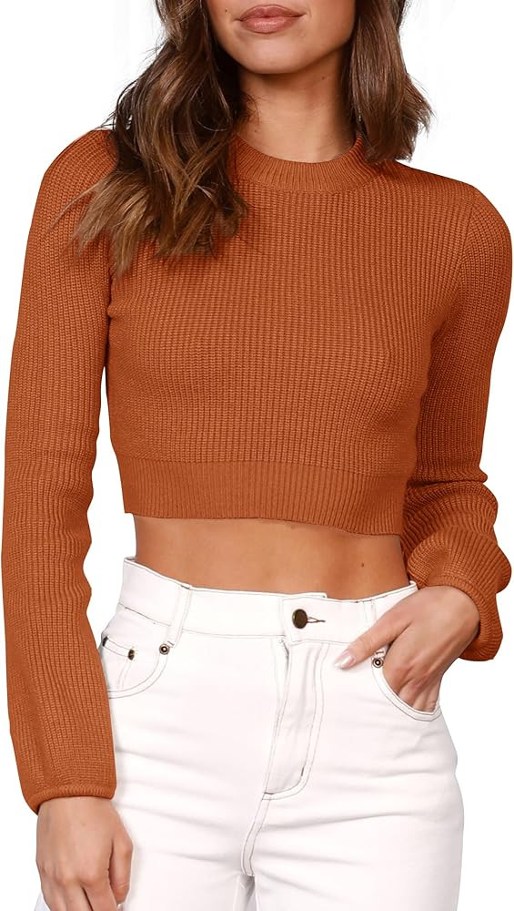GeGekoko Women's Sexy Crew Neck Cropped Sweaters Ribbed Knit Lantern Sleeve Fall Winter Jumper To... | Amazon (US)
