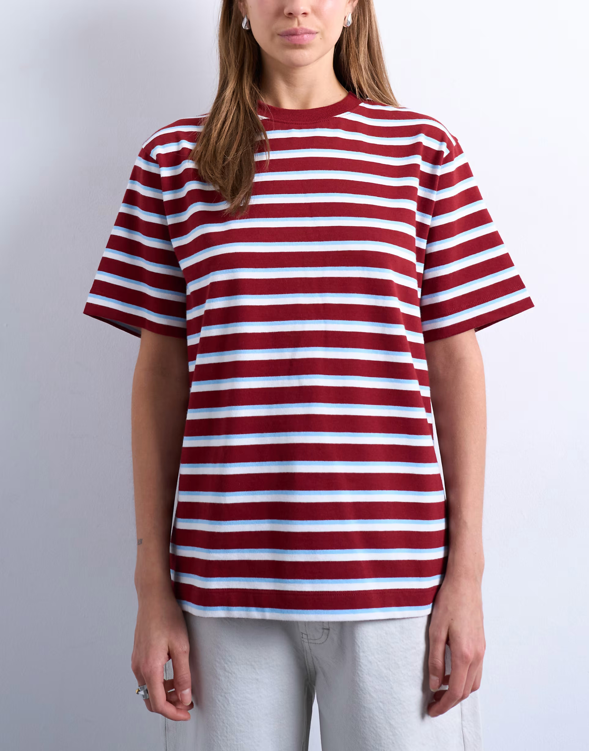 Topshop - Premium - Eenvoudig gestreept T-shirt met korte mouwen in bordeauxrood | ASOS (Global)