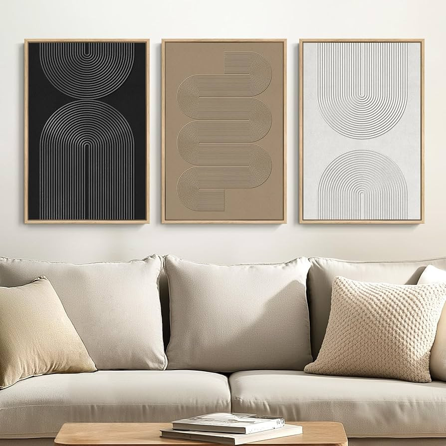 Framed Black and White Brown Abstract Wall Art, 3 Piece Boho Geometric Canvas Prints Paintings Ar... | Amazon (US)