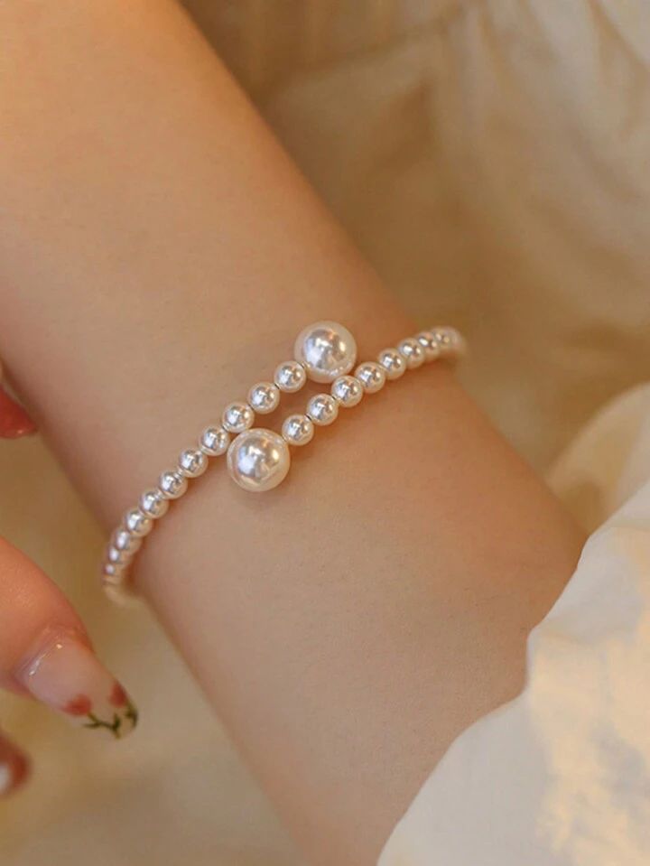 1pc French Vintage & Classic Pearl Open Cuff Bracelet For Women | SHEIN