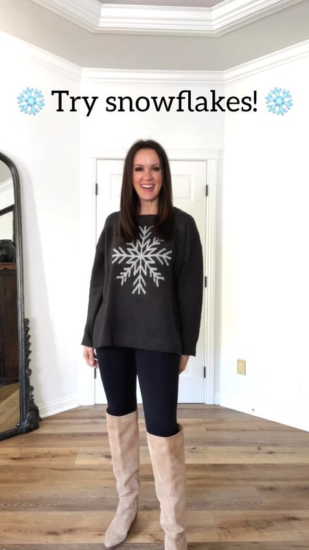 Snowflake sweater for a festive look!

Sizing:
❄️Sweater is women’s plus. Wearing 1X
Look 1:
White shirt-H&M, oversized wearing small
Faux leather trousers-Gap Factory, size up if in between. Wearing 6. 
Sneakers-Sam Edelman, my FAVE white tennies, back in stock! TTS
Look 2:
Jeans-fairly TTS, size up if in between
Boots-linked this year’s version of the Steve Madden. Run TTS
Look 3:
Faux leather leggings-Spanx? Size up. Wearing medium. 
Boot-Nordstrom, only size on the half size. I’m a 9, wearing 8.5. 
Black Puffer vest-old Abercrombie but linked 2 great options 
Look 4:
Hat-Free People Lullaby Beanie in Ivory. Sold out but tons available on eBay. 

Winter wear | Christmas sweater | holiday sweater | festive look outfit | faux leather leggings | Agolde jeans | faux leather puffer vest | Black heeled boots | camel booties -| cognac booties 

#LTKunder100 #LTKunder50 #LTKstyletip