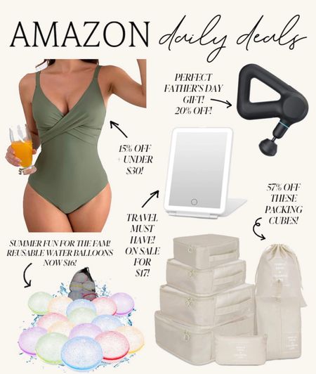Amazon daily deals! The best deals you’ll find on Amazon today! A cute, flattering one piece swimsuit, 20% off the Theragun (perfect Father’s Day gift idea!), under $20 packing cubes, reusable water balloons for summer fun with the family and a travel vanity mirror under $20!

#amazondeals #travelessentials #amazonfashion #amazonswim #theragun #fathersdaygift 

#LTKunder100 #LTKsalealert #LTKSeasonal