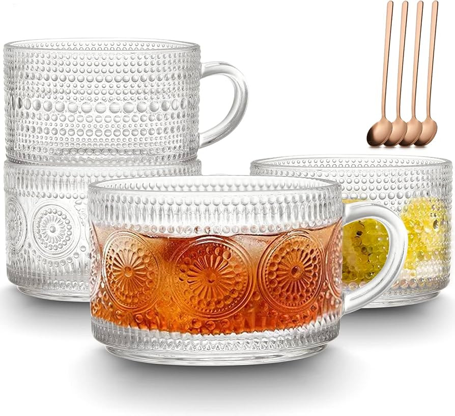 Qipecedm Vintage Coffee Mugs Set of 4, 14 oz Glass Coffee Tea Cups with Handle, Clear Embossed Gl... | Amazon (US)