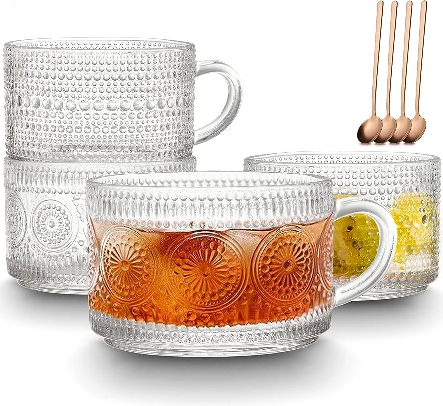 Qipecedm Vintage Coffee Mugs Set of 4, 14 oz Glass Coffee Tea Cups with Handle, Clear Embossed Gl... | Amazon (US)