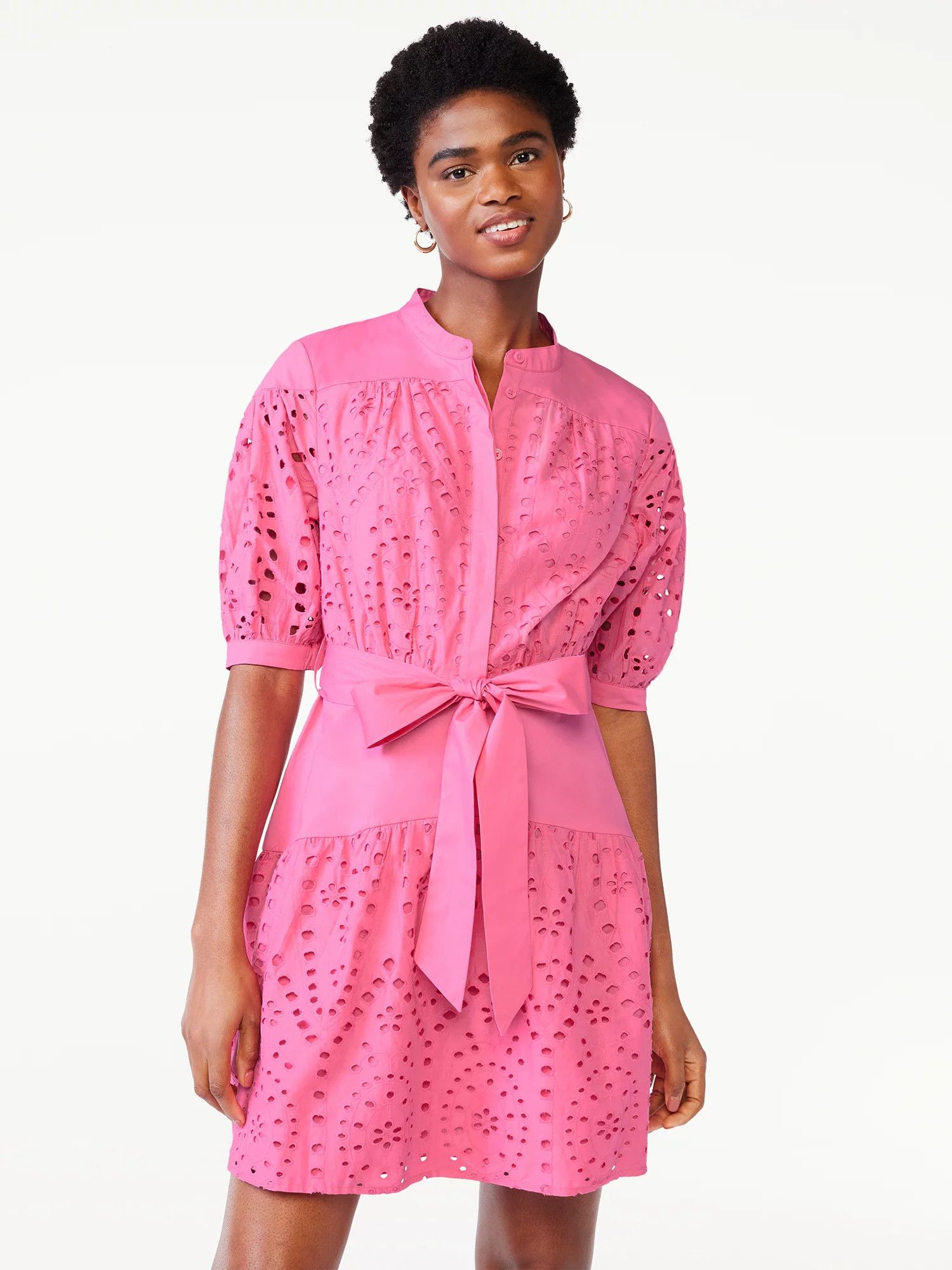 Scoop Women's Eyelet Short Shirt Dress with Volume Sleeves | Summer Church Dress #LTKsalealert #LTKU | Walmart (US)