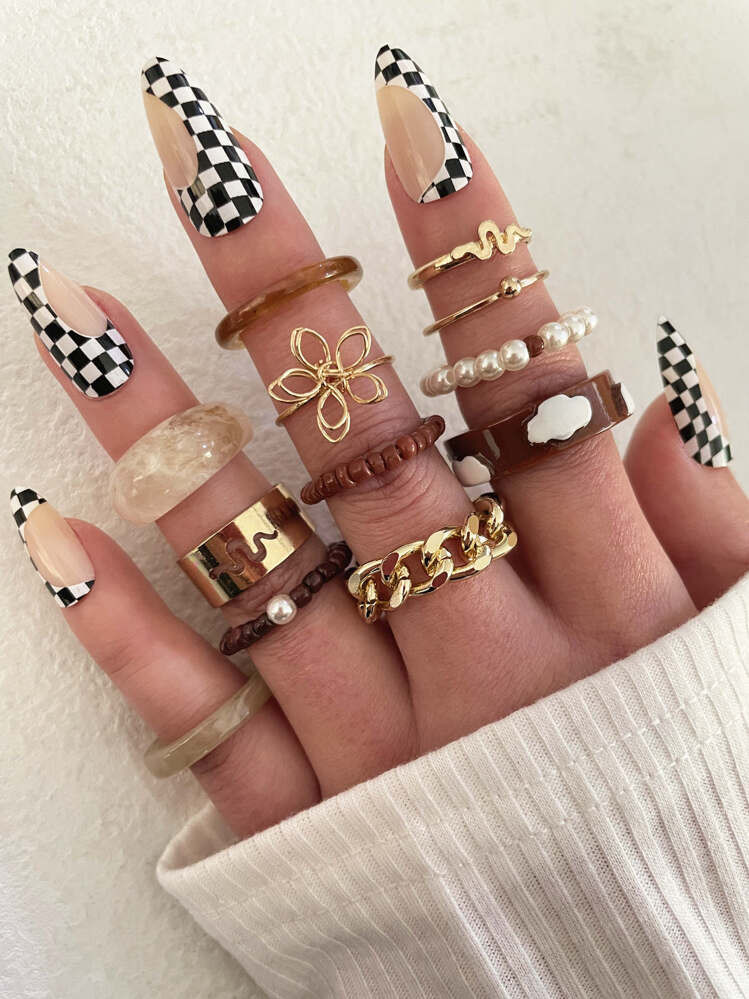 12 Piezas Anillo Decorado Con Flor Y Perla Falsa | SHEIN