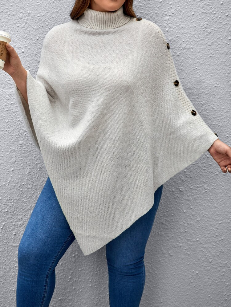 Plus Turtleneck Button Detail Poncho Sweater | SHEIN