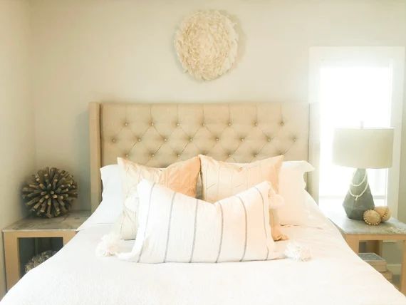 Woven White and Gray Stripe Tassel Pillow Kidney Cover // Pom | Etsy | Etsy (US)