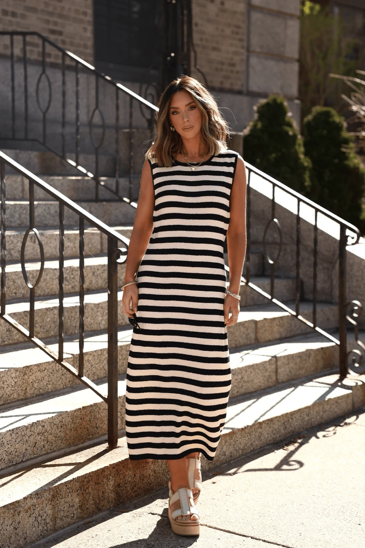 Sleeveless Black and Beige Striped Midi Dress - FINAL SALE | Magnolia Boutique