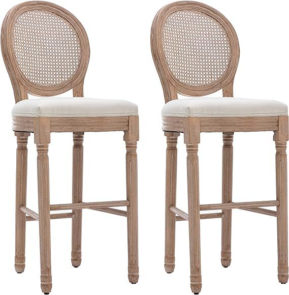 Bar Stools Set of 2, Seat Height 30-Inch French Country Barstools, Vintage Rattan Back Bar Height... | Amazon (US)
