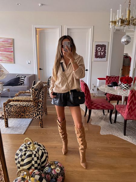 #ltkfall fall outfit, fall style, faux leather shorts, knee high boots, fall sweater, revolve outfit, medium sweater, transitional outfit 

#LTKstyletip #LTKSeasonal