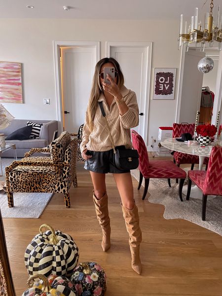#ltkfall fall outfit, fall style, faux leather shorts, knee high boots, fall sweater, revolve outfit, medium sweater, transitional outfit 

#LTKstyletip #LTKSeasonal
