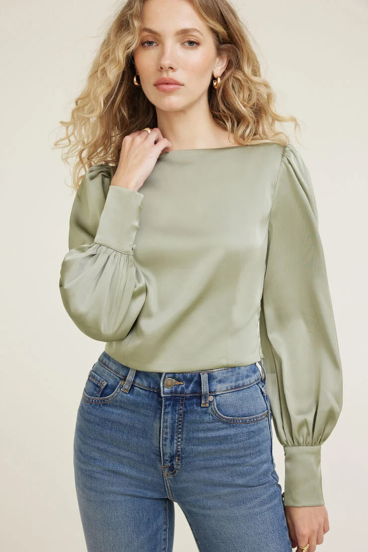 Faye Cropped Boat Neck Satin Blouse | Dynamite Clothing