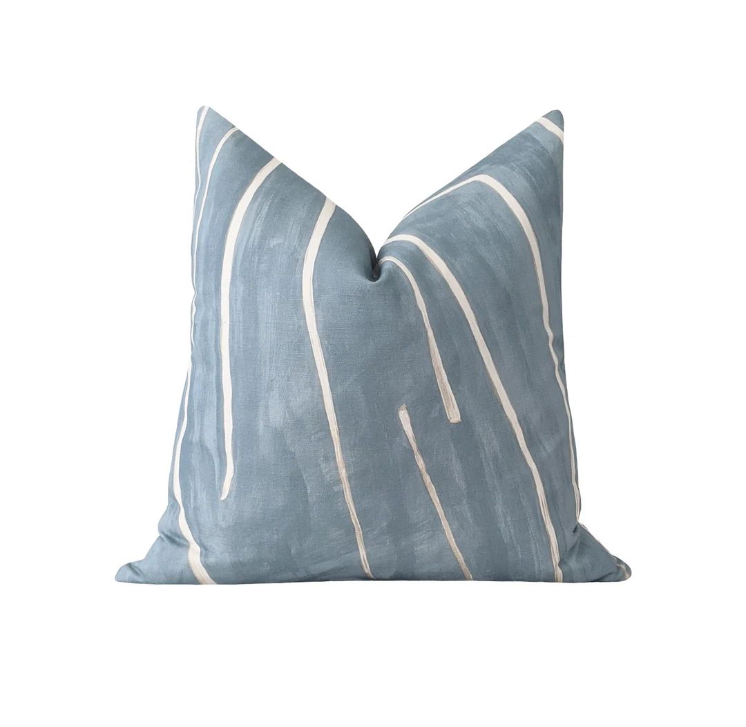 Contemporary Blue Linen Pillow Cover, Graffito Sky Blue Pillow Cover, Blue Cream Abstract Pillow ... | Etsy (US)