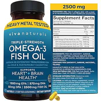 Viva Naturals Omega 3 Fish Oil Supplement for Women and Men - 2500 mg Triple Strength Fish Oil Pi... | Amazon (US)