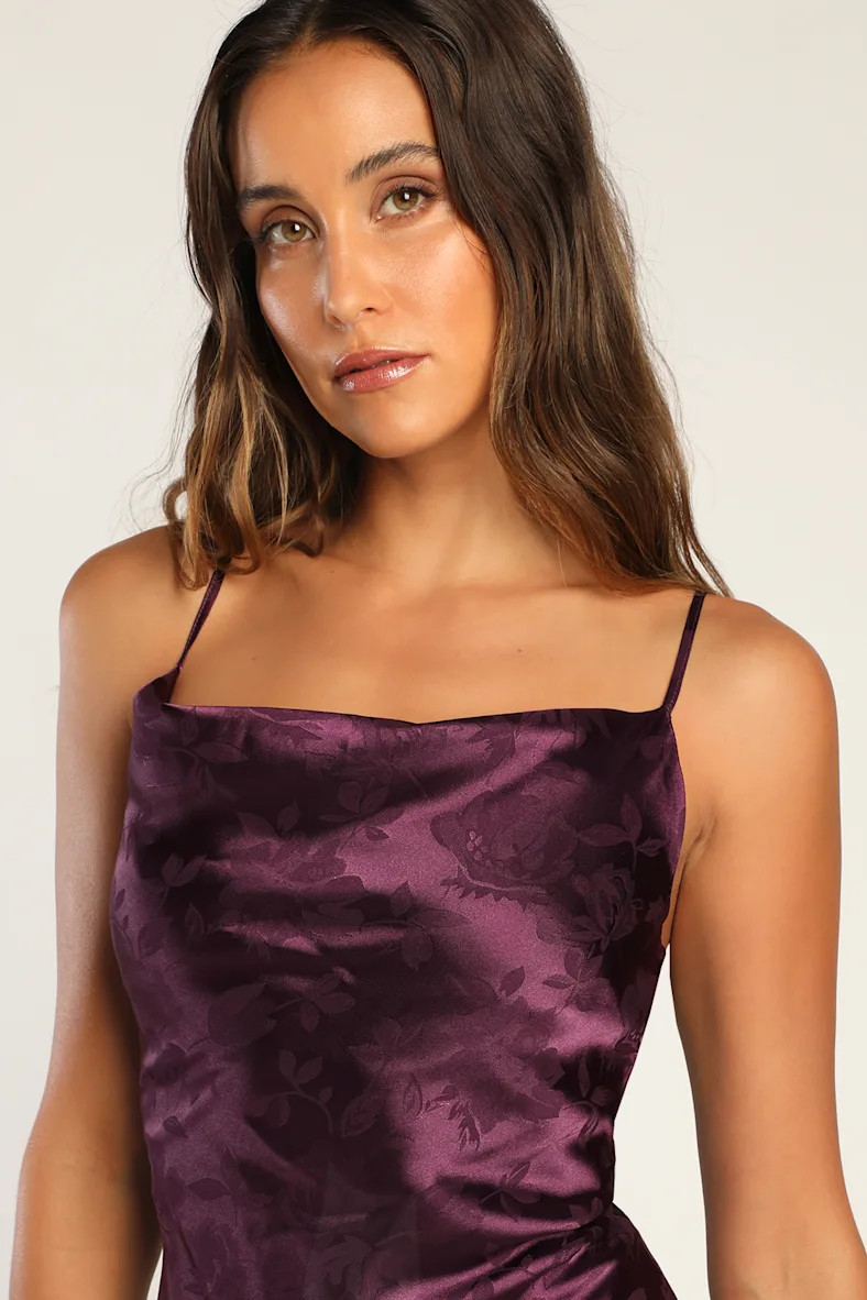 Close to Your Heart Plum Purple Satin Jacquard Cowl Slip Dress | Lulus