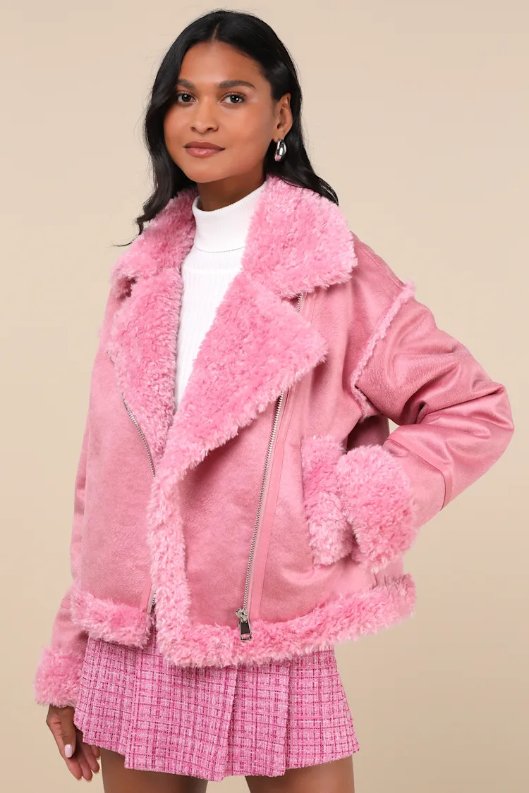 Cozy Allover Pink Vegan Leather Shearling Trim Moto Jacket | Lulus
