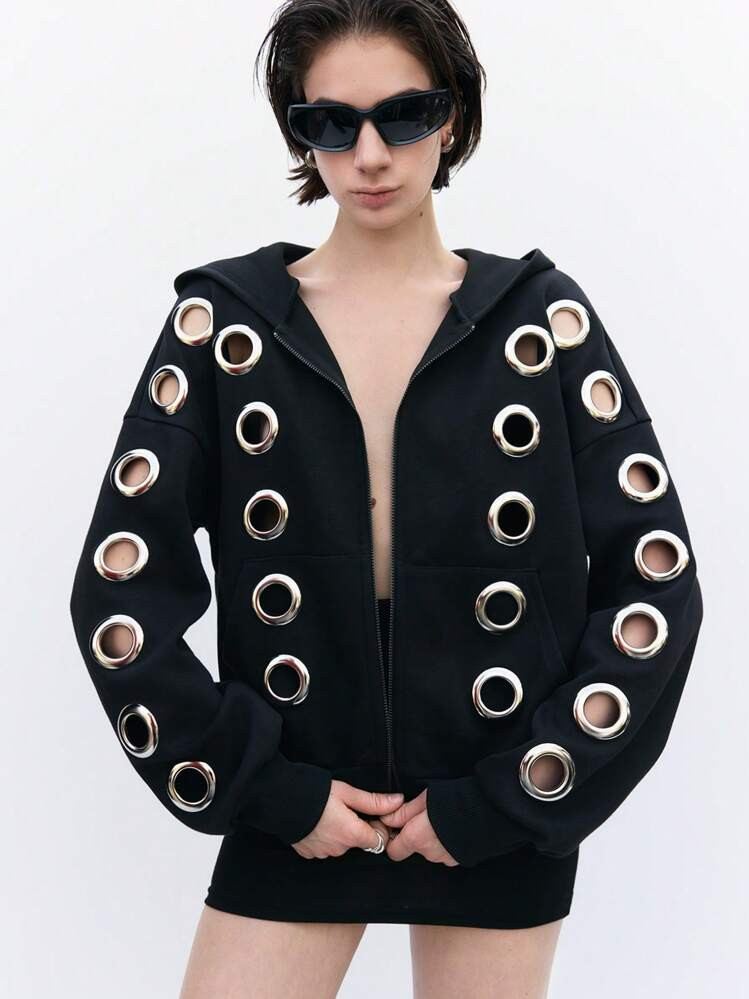 LYSMO 2025 New Arrive Fall Women Unisex Fashion Avant-Garde Grommet Design Black Hooded Sweatshirt, Cropped Jackets For Going Out Outfits, Back To School, Graduation, Streetwear, Grunge And Punk Chic, Y2K Clothes And Stockholm Style, Edgy Clothes Woman And Unique Clothes | SHEIN